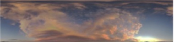Panoramic sky: heavy layered cloud lit peach and grey from below, deep blue overhead, a small bright sun low on the right.