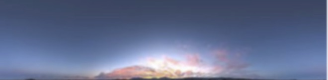Panoramic sky: mostly clear steel-blue, with a bright glow and a band of pink cloud sitting low along the horizon.